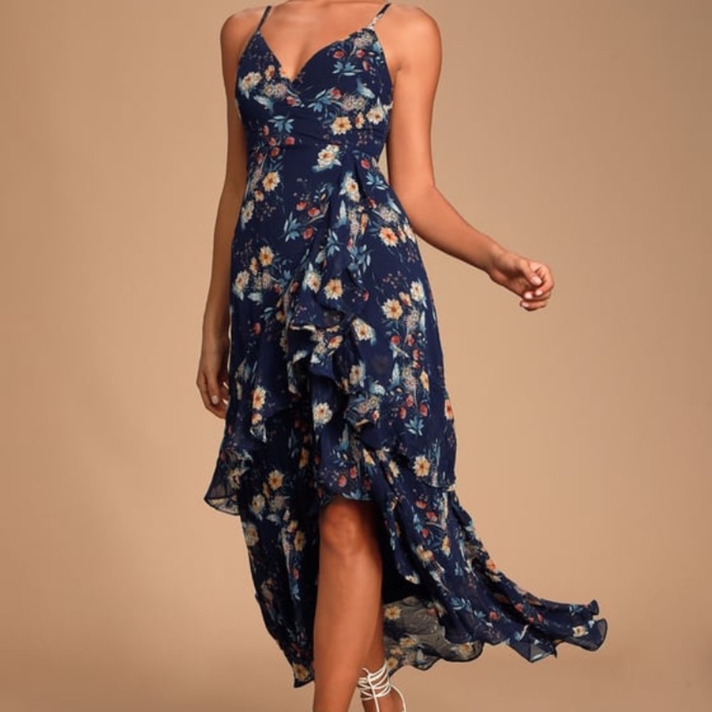 Lulus Albina Navy Blue Floral Ruffled Maxi Dress